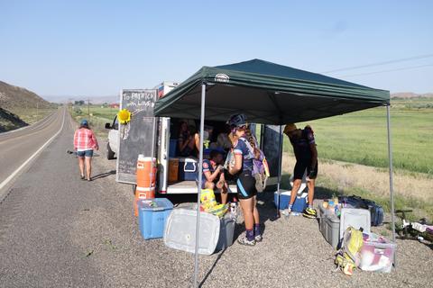 The van and trailer, pulled over for a lunch break.